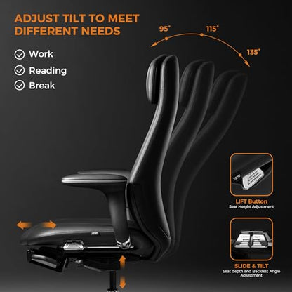 TOMU Executive Office Chair with Foot Rest, Top Grain Genuine Leather Office Chair, Ergonomic High Back Design. Real Leather, Wheels, Alumium Base. Padded Armrest, Luxury and Comfy (Black) - color: Black