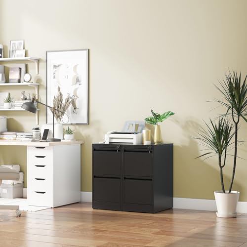 2 Drawer File Cabinet with Lock, 18" D Metal Vertical Filing Cabinets, Steel File Storage Cabinets for Home Office, Hanging A4 Legal/Letter Size Narrow File Cabinet, Assembly Required - color: Black, size: 2 Drawers