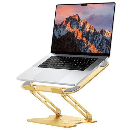 JCZT Adjustable Laptop Stand for Desk, Metal Foldable Laptop Riser, Gold | Ergonomic Portable Laptop Stand, Ventilated Cooling Computer Notebook Holder for MacBook Air Pro, All 10-16'' Laptops - color: Gold