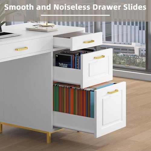 MaverickFurni 57" White and Gold Desk with 7 Drawers | Home Office Desk with 2 File Drawers, White Computer Desk with Specious Workspace for Work Writing Study - color: White