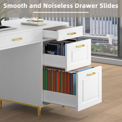 MaverickFurni 57" White and Gold Desk with 7 Drawers | Home Office Desk with 2 File Drawers, White Computer Desk with Specious Workspace for Work Writing Study - color: White