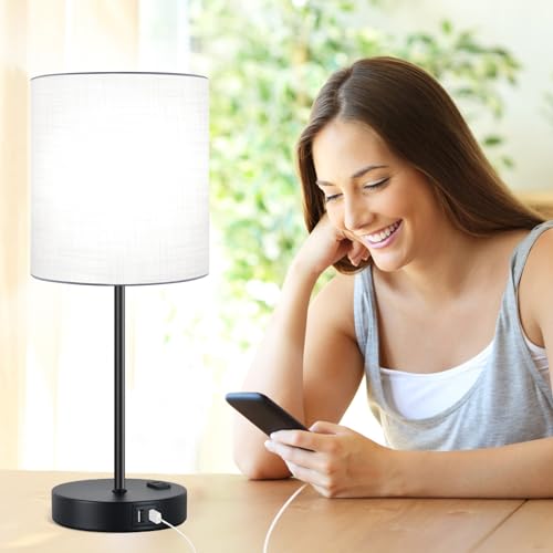 Lynnoland Set of 2 Touch Control Table Lamps with 2 USB & AC Outlet, 3-Way Dimmable Bedside Nightstand Lamps for Bedroom Living Room Nursery, 800 Lumens 5000K Daylight Bulbs Included - color: White & Matte Black (Base) - 5000K