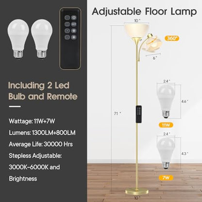 GERGO Torchiere Floor Lamp with Remote Control and Adjustable Reading Light - color: Golden