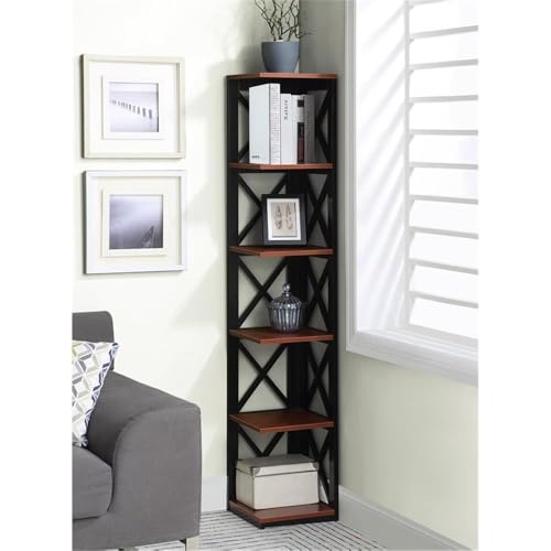 Convenience Concepts Oxford Corner Bookcase 12" - 5-Tier Slim Farmhouse Bookcase for Modern Living & Family Room, Media Storage Organizer for Home Office Library, Tall Shelving Unit, Cherry/Black - color: Cherry/Black