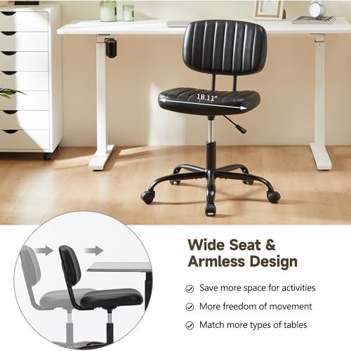 Armless Office Chair, Swivel Rolling PU Leather Vanity Chair with Back Lumbar Support Height Adjustable Computer Chair, Small Desk Chair for Home Office (Black) - color: Black