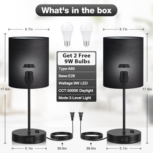 17.6" Black Touch Lamps for Bedroom Set of 2 - Dimmable, USB C+A, AC Outlet | Large 17.6" Tall Lamp, 3-Way Dimming, 5000K Daylight Bulbs, Black Lampshade Black Base, for Living Room, Boys, Men, Girls - color: Black