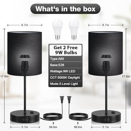 17.6" Black Touch Lamps for Bedroom Set of 2 - Dimmable, USB C+A, AC Outlet | Large 17.6" Tall Lamp, 3-Way Dimming, 5000K Daylight Bulbs, Black Lampshade Black Base, for Living Room, Boys, Men, Girls - color: Black