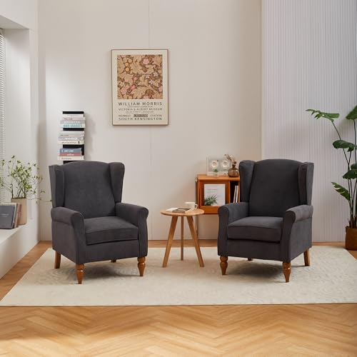 Mid-Century High Wingback Chair Set of 2,Modern Fabric Accent Chair Armchair with Solid Wood Coffee Table Set,Leisure Single Sofa Chair for Living Room,Club,Home Reception,Antique Dark Grey - color: Antique Dark Grey Set of 2