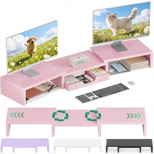 OPNICE Dual Computer Monitor Stand Riser, Desk Organizer with Drawer, Office Desk Accessories & Workspace Organizers for Home Office Supplies, Pink - color: Pink