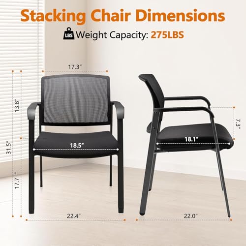 CLATINA Home Office Desk Chair No Wheels,Ergonomic Mesh Mid Back Stacking Arm Chair for Remote Learning,Small Office,Guest Chair,College Apartment (Black, 4 Pack)