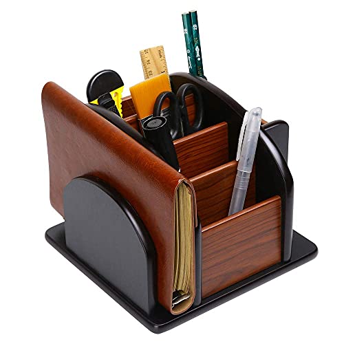 Siveit Wooden Desk Organizer, Desktop Office Supplies Storage Remote Control Caddy Holder (6-Compartment)
