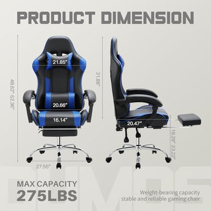 DUMOS Ergonomic Gaming Chair with Footrest, Home Office Desk Chair | PU Leather, Headrest, Linkage Armrests, Height Adjustable, 360 Swivel Reclining, Deep Blue - color: Deep Blue, size: PU Leather 27"D x 25"W x 52"H