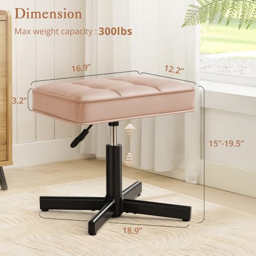 LUE BONA Adjustable Vanity Stool, 15''-19.5'' Foot Rest Under Desk, 360° Swivel Vanity Chair for Makeup Room, Rose Gold Upholstered Faux Leather Ottoman for Bathroom & Living Room, 300lbs - color: Rose Gold