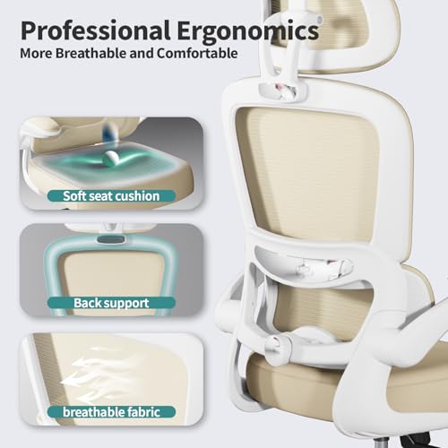 TRALT Office Chair Ergonomic Desk Chair - Gaming Chair with Lumbar Support | 330 LBS Home Office Desk Chairs with Headrest, Reading Chair with Flip-up Armrests, Comfortable Computer Chairs (1, Beige) - color: Beige