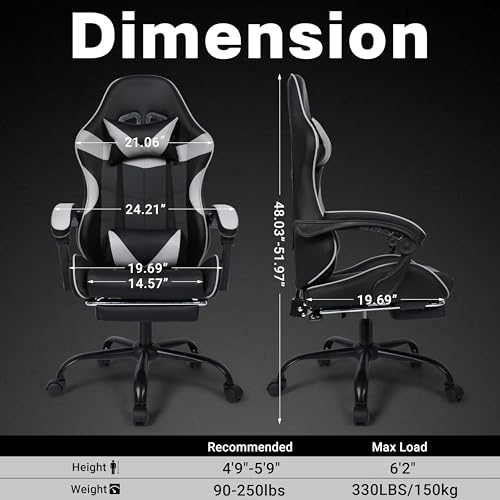 Gaming Chair with Footrest and Lumbar Support, Height Adjustable Chair with 360°Office Desk Chair,Heavy Duty 330lbs Computer Chair for Adults - color: Grey & Black