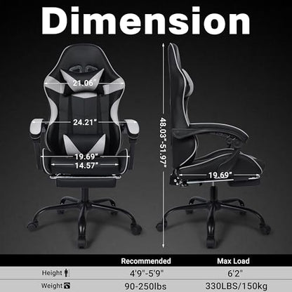 Gaming Chair with Footrest and Lumbar Support, Height Adjustable Chair with 360°Office Desk Chair,Heavy Duty 330lbs Computer Chair for Adults - color: Grey & Black
