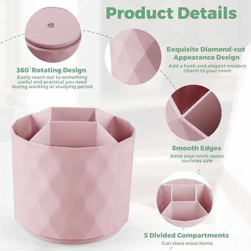 Desk Pencil Pen Holder, 5 Slots 360-Degree Rotating Desk Organizer, Diamond Pattern Desktop Storage Stationery Supplies Organizer, Cute Desk Accessories for Office, School, Home, Art Supply (Pink)