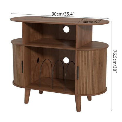 Fiogmub Round Printer Stand with Charging Station & USB Ports - color: Walnut