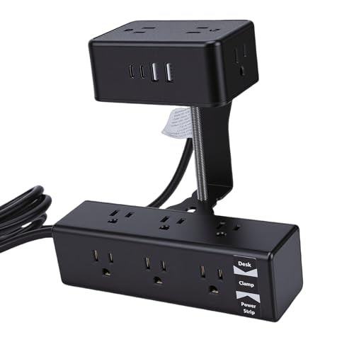 Fafeicy Dual Layer Desk Clamp Power Strip 13 AC Outlets 4 USB Ports 1500W with 2m Cord Clamp On Desktop for Home Office Organization (US Plug)