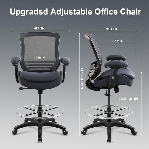 400lbs Office Drafting Chair Wide Dual Seat Cushion Height Adjustable Armrest for High Standing Desk with Lumbar Support and Enlarged Adjustable Footrest (Black Frame Gray Fabric) - color: Black Frame Gray Fabric