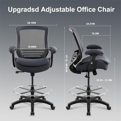 400lbs Office Drafting Chair Wide Dual Seat Cushion Height Adjustable Armrest for High Standing Desk with Lumbar Support and Enlarged Adjustable Footrest (Black Frame Gray Fabric) - color: Black Frame Gray Fabric