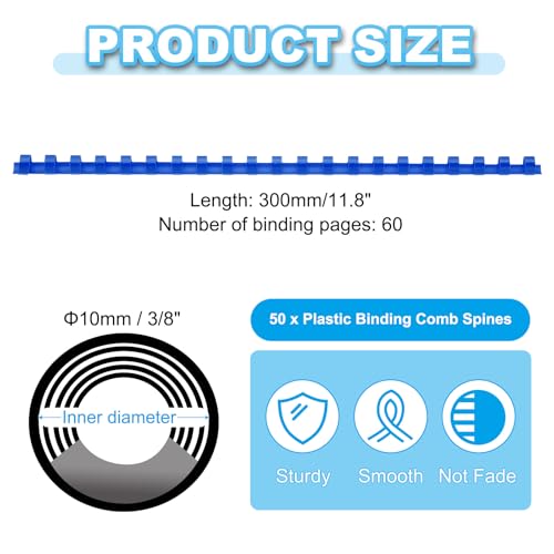 PATIKIL 10mm (3/8") Plastic Binding Combs, 50 Pcs 21 Rings Comb Binding Spines 60 Sheet Capacity Letter Size for Binding Paper Sheets, Blue - color: Blue, size: 10mm