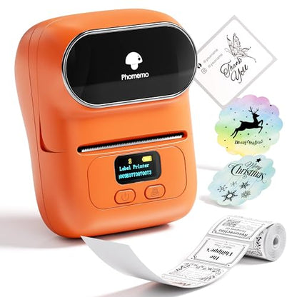 Phomemo Barcode Printer - M110 Label Maker Machine Wireless Bluetooth Themal Label Printer for Small Business, School, Barcode, Address, Jewelry, Clothing, Organizing, Orange | 2 Inch Bluetooth Label Maker Easy to Use for Small Business, Home, School, Org