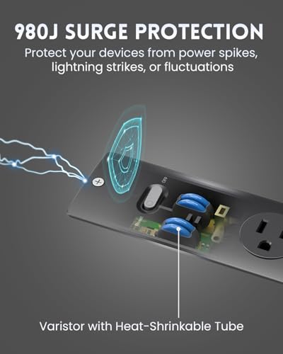 PLUGTUL Recessed Power Strip, 10 FT, PD 20W Fast Charging, Flat Plug, 14 Gauge, 980J Surge Protector, Black with USB C - size: 10FT