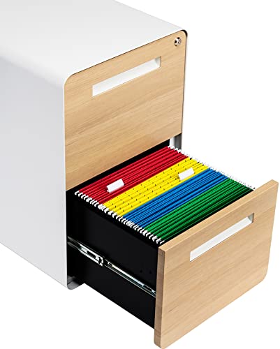 Laura Davidson Furniture Stockpile 2 Drawer Mobile File Cabinet with Lock - Under Desk Metal Filing Cabinet, Legal/Letter File Folders, Wheels and Stationary Feet, Pre-Assembled, White/Wood - color: White/Wood