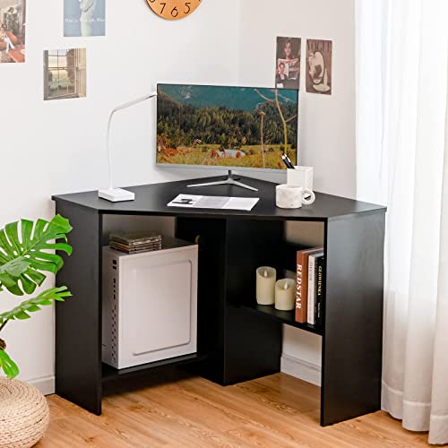 Tangkula Compact Corner Desk, Space Saving Study Table, Black - color: Black, size: 33.5"D x 33.5"W x 29"H