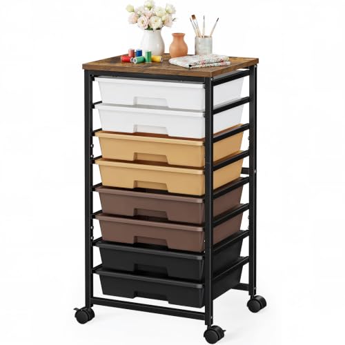 Pipishell Rolling Cart with 8 Drawers, Rolling Storage Drawer Cart with Lockable Wheels & Wood Tabletop, Craft Organizers and Storage for Craft Room, Classroom, Home Office, Kids Room, Khaki Gradient - color: Khaki Gradient, size: 8-Drawers
