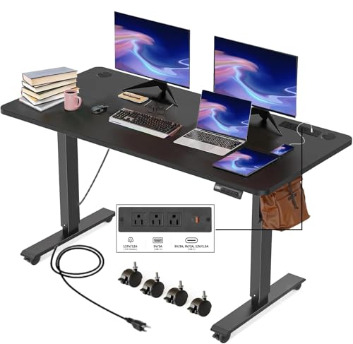 55''×24'' Electric Standing Desk with Power Outlets & Wheels, Black - color: Black, size: 55×24''