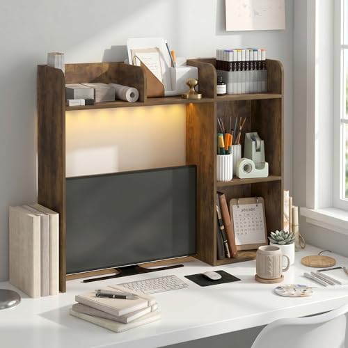 Furinno Classic Desk Shelf with LED Lights, 5-Shelf Hutch, Amber Pine | LED Desktop Book Shelf, Desk Organzier, for Office Supplies, Office Desk Accessories - color: Amber Pine