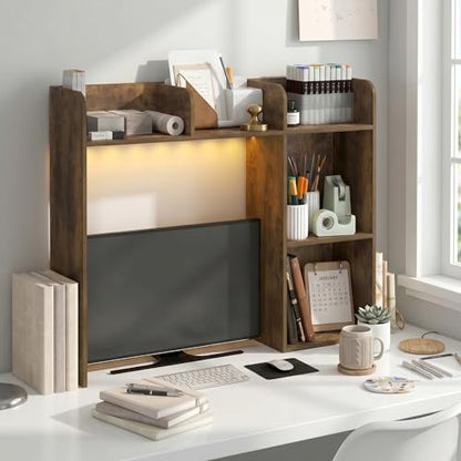Furinno Classic Desk Shelf with LED Lights, 5-Shelf Hutch, Amber Pine | LED Desktop Book Shelf, Desk Organzier, for Office Supplies, Office Desk Accessories - color: Amber Pine