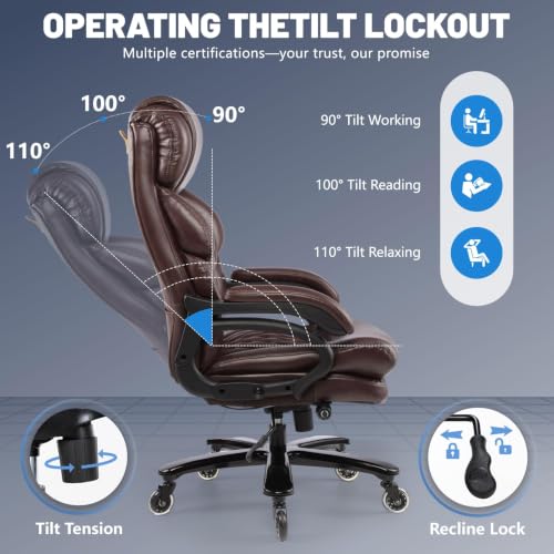 800LBS Big and Tall Office Chair for Heavy People, Heavy Duty Executive Chair with High Back, Extra Wide Seat and Adjustable Lumbar, Large Computer Desk Chair Comfortable for Home Office - color: Brown