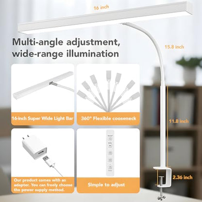 LED Desk Lamp with clamp, Remote Control Desk Lamp, 5 Color Modes & 10 Brightness Levels, 17'' Wide Light Bar, Eye Caring Gooseneck Desk Light, Adapter Included - color: White