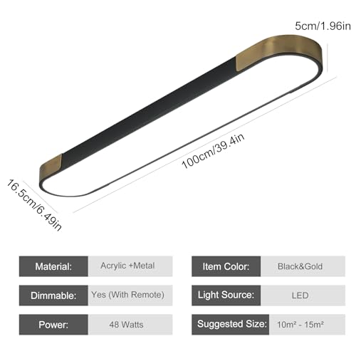 Qcyuui Kitchen Lighting Fixtures Ceiling,39.4 Inch Dimmable Modern Led Ceiling Light,Black and Gold Long Linear Ceiling Light Fixture for Office Bedroom Kitchen Hallway,(48W/3000-6500K) - color: Black and Gold/Dimm/48W/39.4IN, size: 39.4in