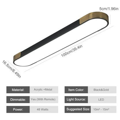 Qcyuui Kitchen Lighting Fixtures Ceiling,39.4 Inch Dimmable Modern Led Ceiling Light,Black and Gold Long Linear Ceiling Light Fixture for Office Bedroom Kitchen Hallway,(48W/3000-6500K) - color: Black and Gold/Dimm/48W/39.4IN, size: 39.4in