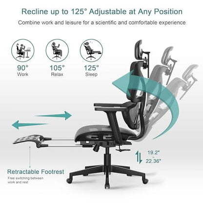 VECELO Swivel Ergonomic High Back Mesh Office Chair with Retractable Footrest, Adjustable Backrest, Tilt Function, 3D Armrests & Headrest, Lumbar Support for Executive/Computer Desk/Task Work, Black