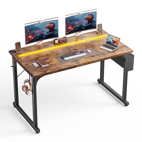 DurayLoly 48" Computer Desk with Waterproof LED Lights for Bedroom,Brown - color: Rustic Brown, size: 48 IN