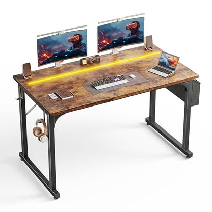 DurayLoly 48" Computer Desk with Waterproof LED Lights for Bedroom,Brown - color: Rustic Brown, size: 48 IN
