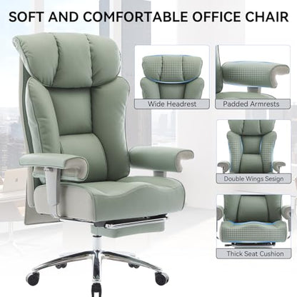 Efomao Big and Tall Office Chair 400lbs - Heavy Duty Executive Desk Chair with Foot Rest & 23" Wide Seat - High Back Ergonomic Leather Computer Chair for Heavy People, Home Office, Green - color: 3060-green