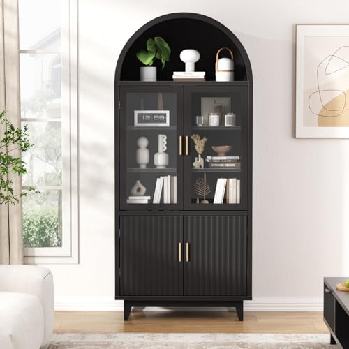 Arched Cabinet with Glass Doors, Fluted Pantry Cabinet with Solid Wood Legs - color: Black, size: Tall Arched - 15.7"D x 31.1"W x 70.8"H