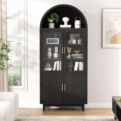 Arched Cabinet with Glass Doors, Fluted Pantry Cabinet with Solid Wood Legs - color: Black, size: Tall Arched - 15.7"D x 31.1"W x 70.8"H