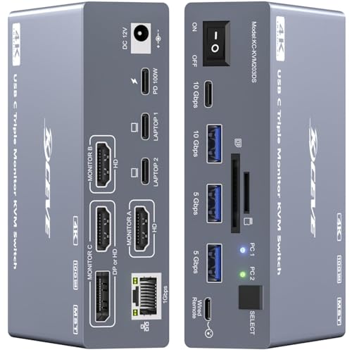 Thunderbolt 4 KVM Switch 3 Monitors 2 Laptops 4K@60Hz, Displaylink USB C Docking Station 3 Monitor KVM for Windows Mac M1 M2 M3 M4, Extended Triple Displays,PD 100W,USB 3.0,USB 3.2,SD/TF,1G Ethernet - color: Gray, size: 15 cm