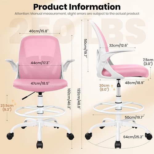 Primy Drafting Chair Tall Office Chair with Flip-up Armrests Executive Ergonomic Computer Standing Desk Chair with Lumbar Support and Adjustable Footrest Ring (Pink) - color: Pink, size: 934-Z
