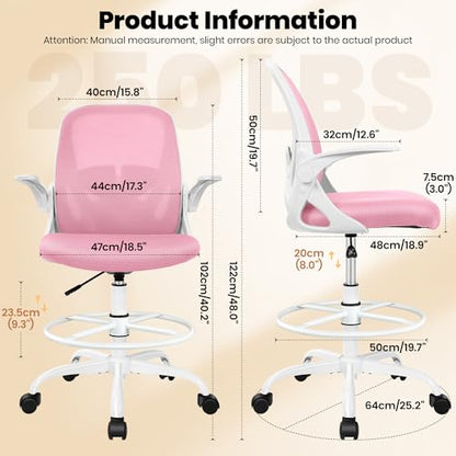 Primy Drafting Chair Tall Office Chair with Flip-up Armrests Executive Ergonomic Computer Standing Desk Chair with Lumbar Support and Adjustable Footrest Ring (Pink) - color: Pink, size: 934-Z