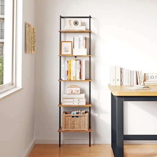 5-Tier Wall Mounted Ladder Shelf, Rustic Brown, 64.7" H - color: Rustic Brown, size: 5 Tier