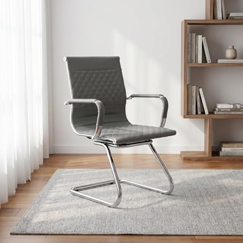 Set of 2 PU Leather Office Guest Chairs, Gray | Padded Arms, Stationary Reception Desk Chair for Conference Room, Meeting Room or Lobby - color: Grey