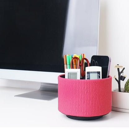 Round Leather Art Supply Organizer,Remote Control Holder,360 Degree Spinning,Multi-Functional Pencil Holder,4 Compartments Desktop Stationary Organizer(1-Vertical Wood Red) - color: 1-Vertical Wood Red